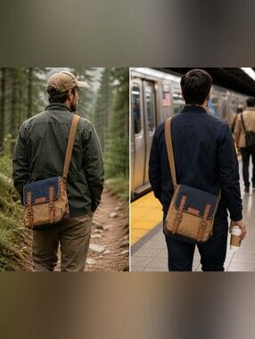 TSD Brand Canvas & Genuine Leather Crossbody Messenger Bag Tan Navy Heavy Duty